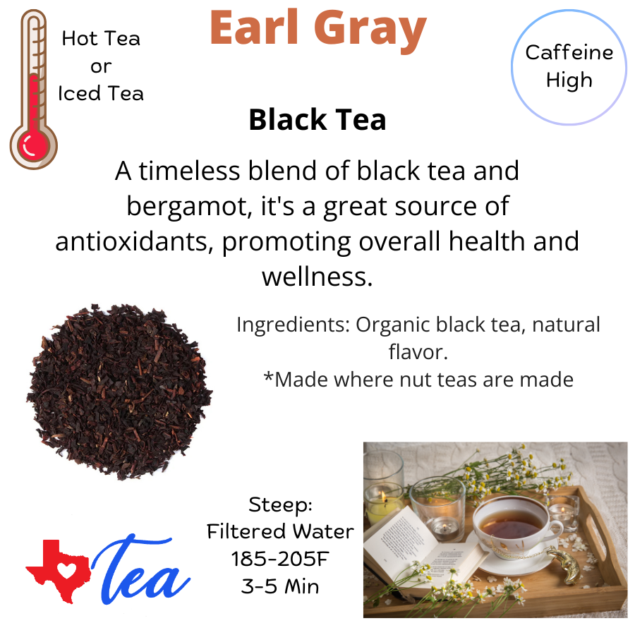 Earl grey black tea information sheet, high caffeine