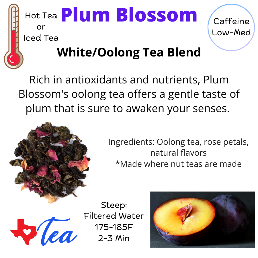 Plum blossom oolong tea with rose petals informational sheet, low to mid caffeine