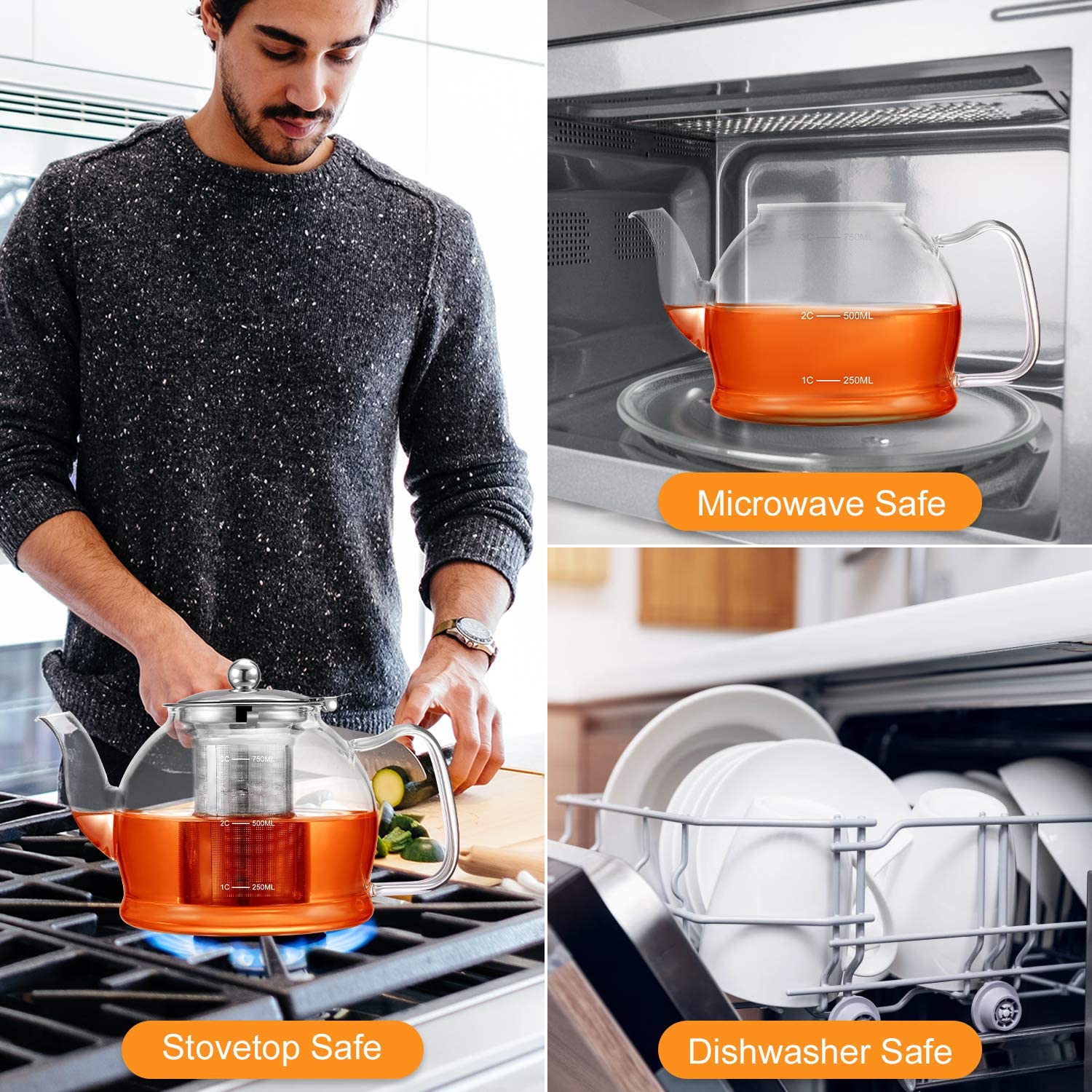 Picture of gooseneck teapot shown on stove, microwave and dishwasher